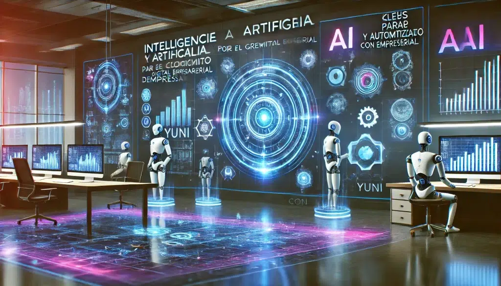 DALL·E 2025 02 19 15.52.09 A futuristic digital workspace with artificial intelligence elements featuring a sleek modern office environment with holographic data visualization Asesorias Marketing Digital Costa Rica