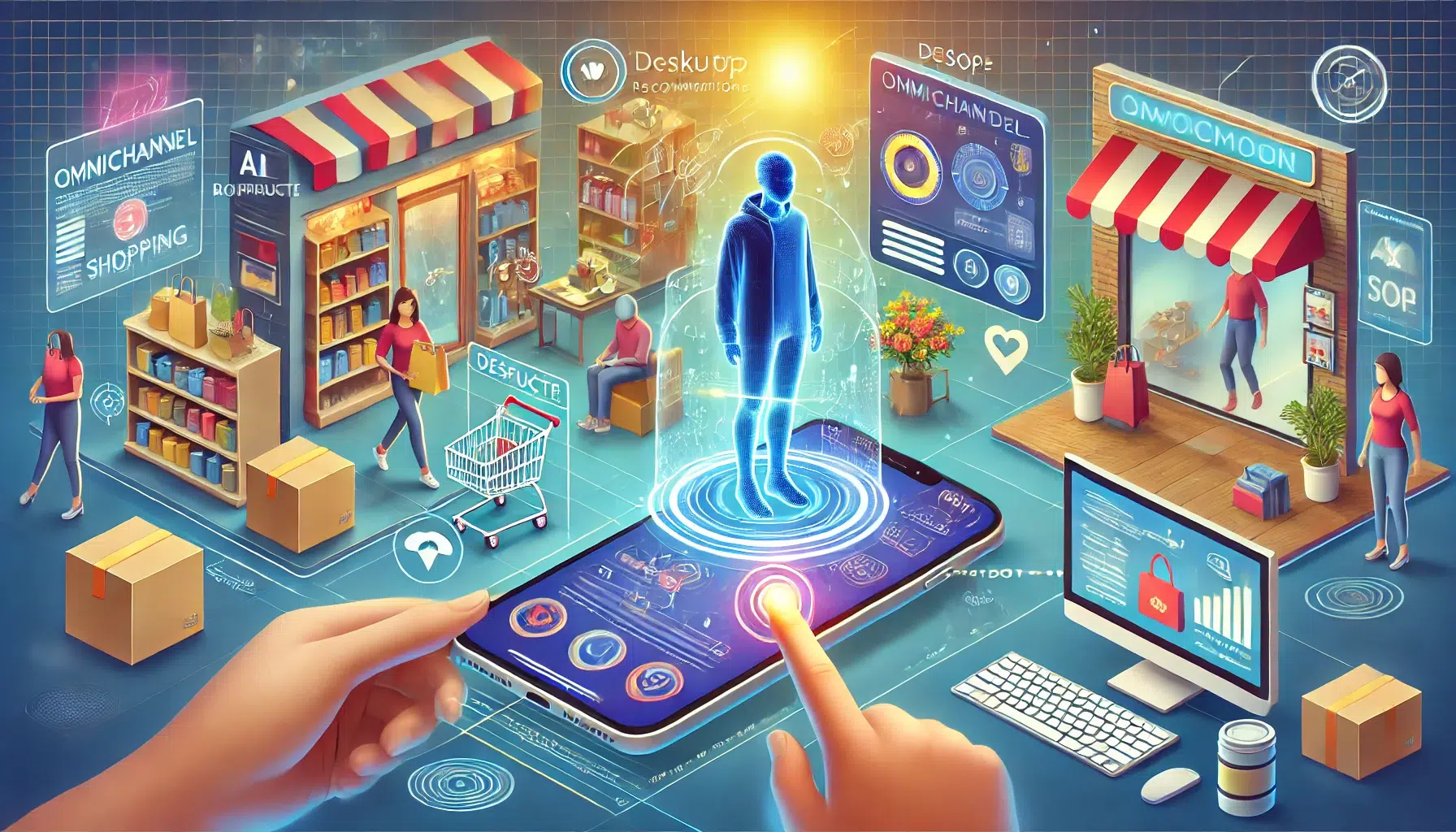 DALL·E 2025 03 06 23.12.16 An animated style digital illustration of a seamless omnichannel shopping experience. A customer interacts with a mobile phone desktop and physical Asesorias Marketing Digital Costa Rica